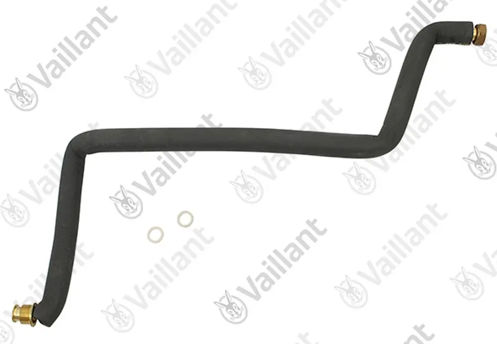 Vaillant Rohr, gebogen, mit zwei Anschlussstücken und O-Ringen, für den Gebrauch in Heizsystemen, zeigt eine schwarze Gummibeschichtung.